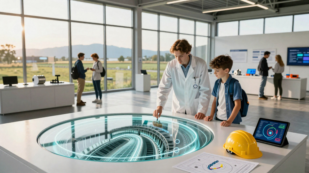 Cientista mostra projeto holográfico de estrutura futurista para jovem em laboratório moderno.