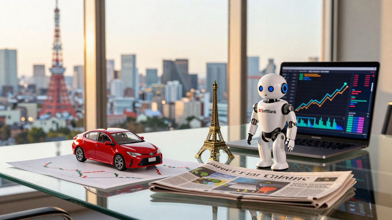 Mesa de vidro com miniatura de carro vermelho, robô, Estátua da Torre Eiffel, jornal e notebook com gráficos em escritório.