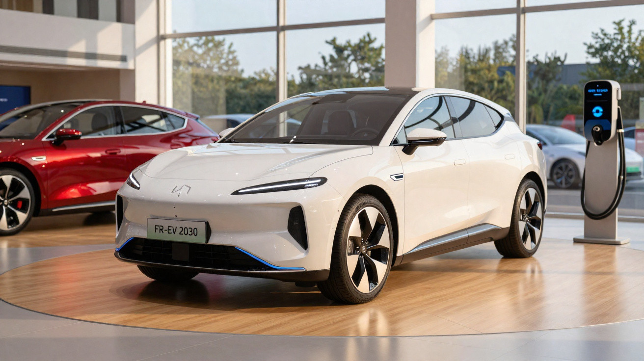 Carro elétrico branco exposto em showroom moderno com estação de recarga ao lado.