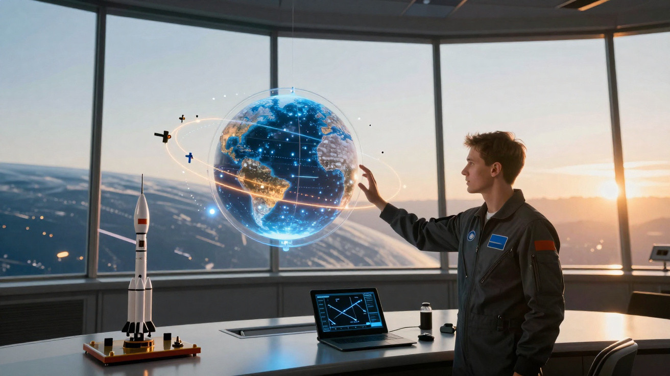 Jovem astronauta interage com holograma do planeta Terra em sala com vista para montanhas ao pôr do sol.
