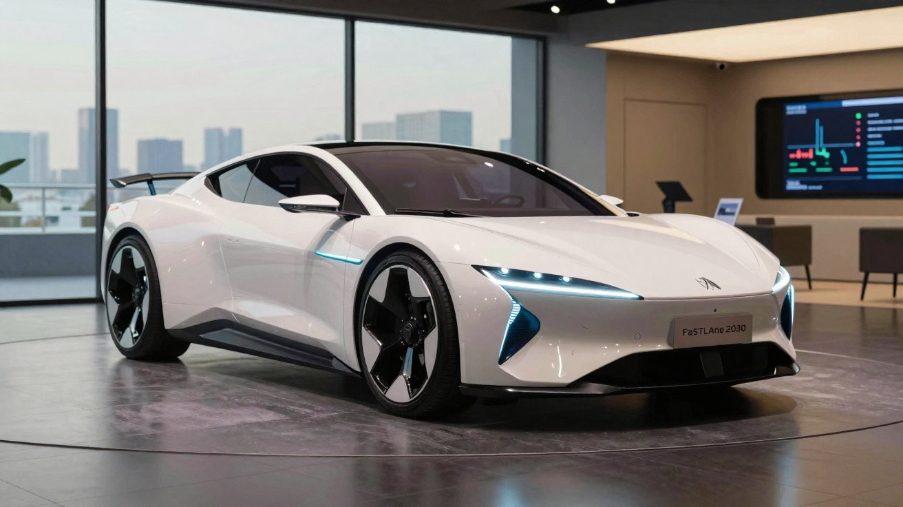 Carro esportivo elétrico branco com design futurista exposto em ambiente interno moderno.