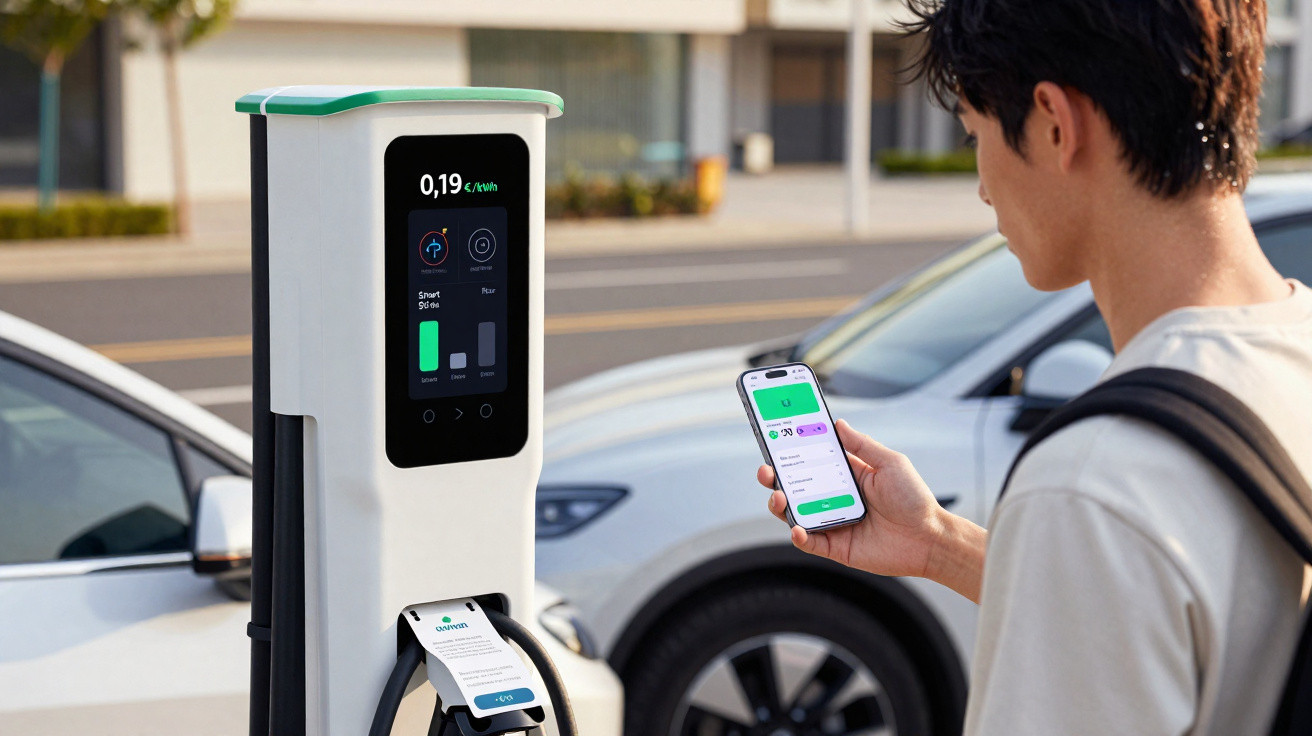 Homem usando celular para monitorar carregamento de carro elétrico em estação pública.