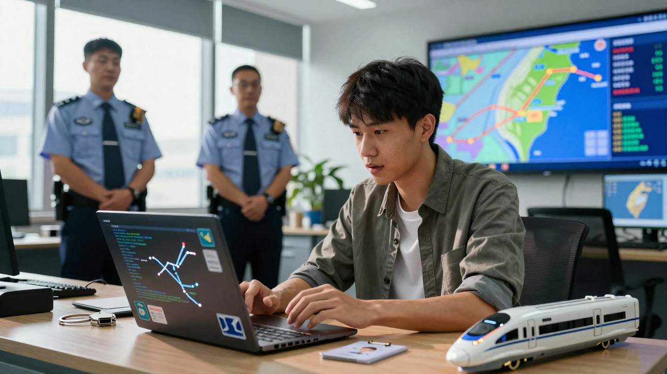 Homem trabalhando em laptop com dois policiais ao fundo e maquete de trem sobre mesa em escritório moderno.