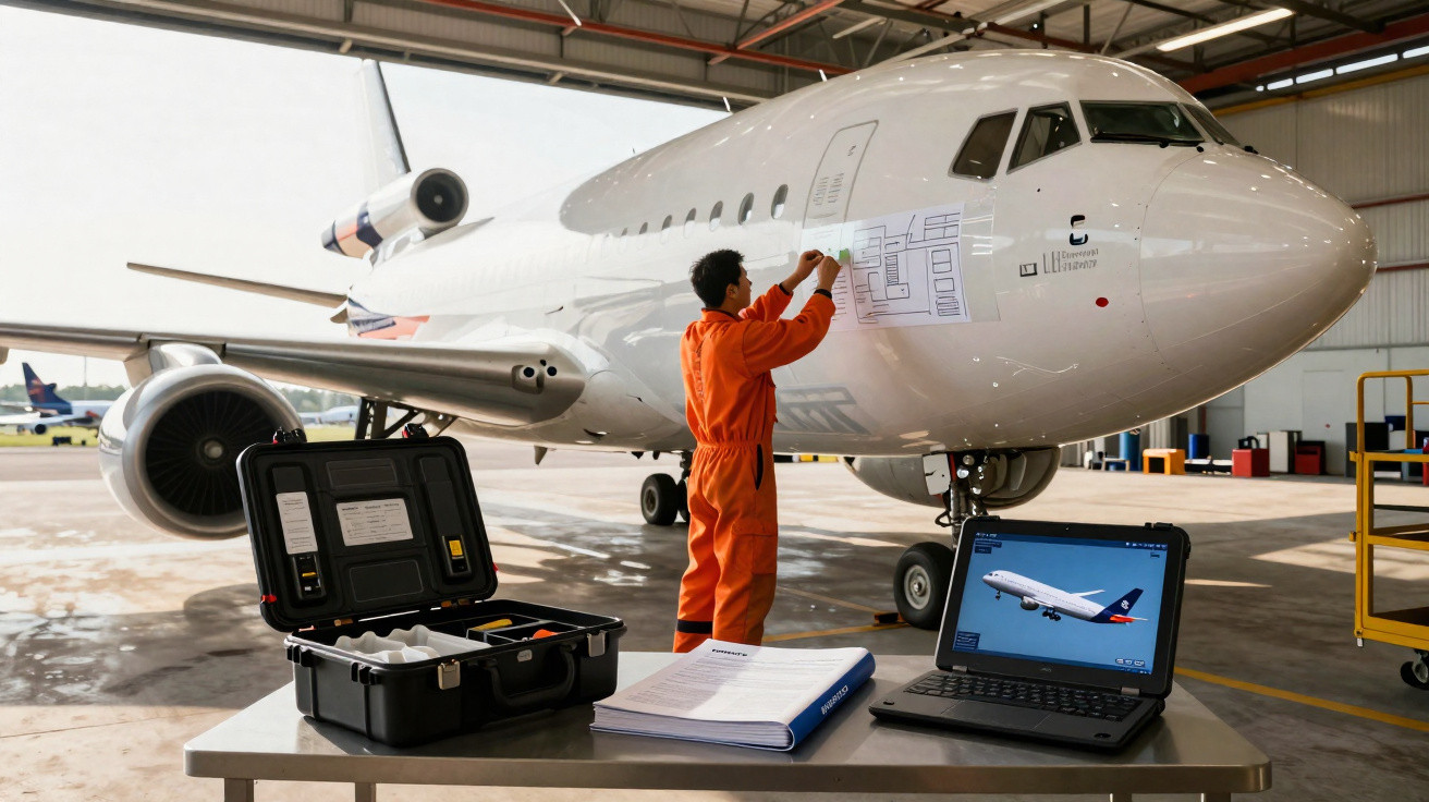 Técnico em macaquinho laranja inspeciona avião branco dentro de hangar com laptop e maleta de ferramentas à frente.
