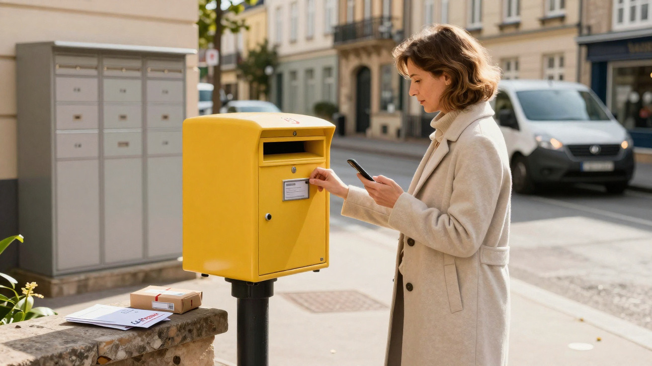 Mulher enviando carta em caixa postal amarela na rua, com pacotes e carteiras próximas.