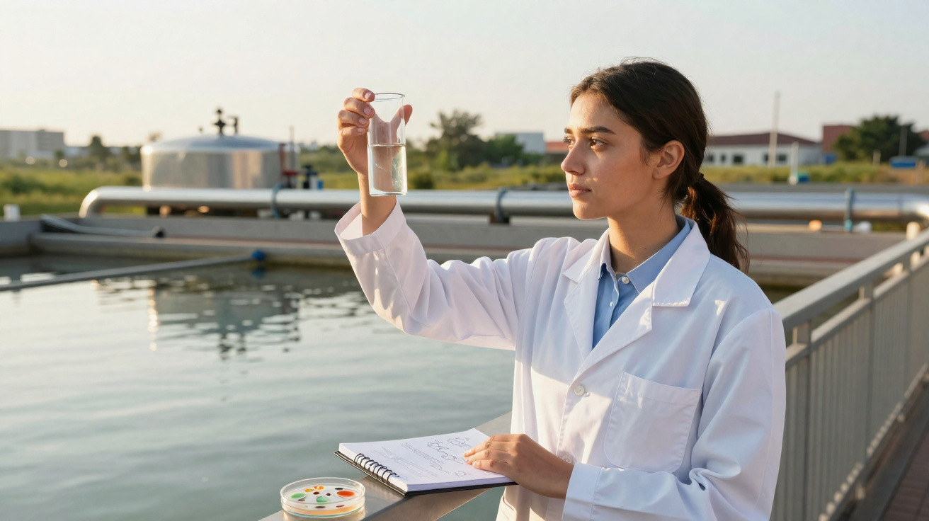 Mulher cientista em jaleco branco analisando vidro com amostra de água em estação de tratamento.