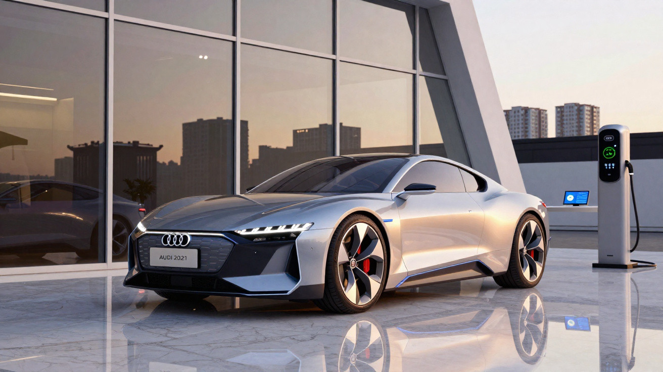 Carro elétrico prata Audi 2021 estacionado próximo a estação de recarga em ambiente urbano moderno.