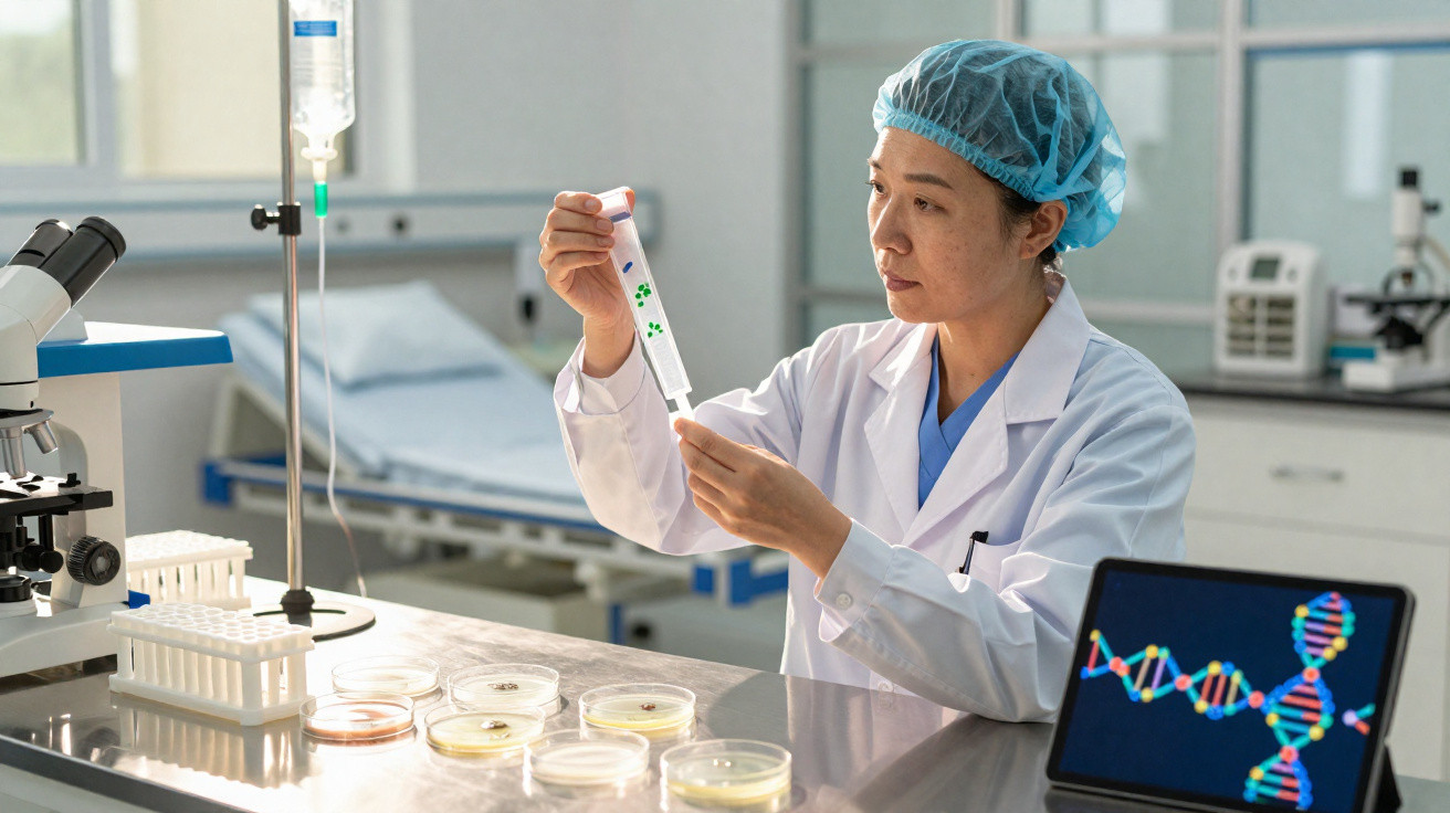 Cientista em laboratório analisa amostra com tubos de ensaio e imagem de DNA em tablet ao lado.