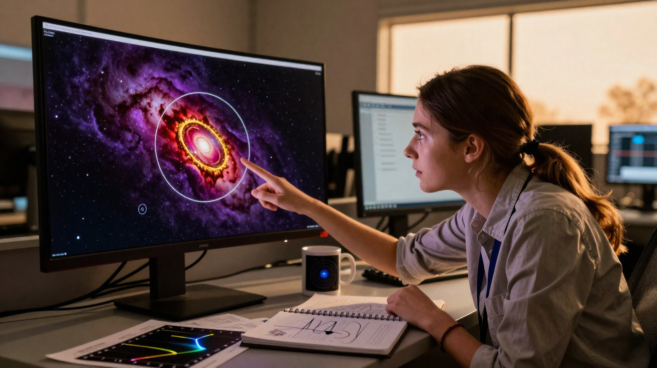 Mulher analisando imagem de galáxia colorida em monitor de computador em ambiente de escritório.