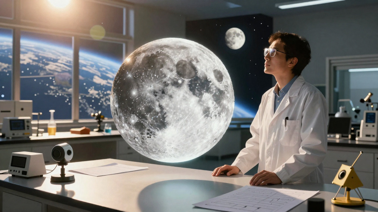 Cientista observa modelo holográfico da Lua em laboratório com vista do espaço ao fundo.