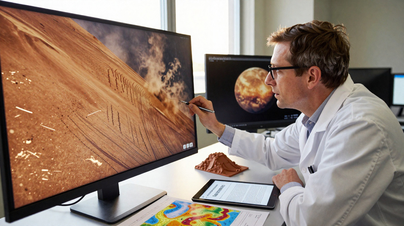 Cientista em jaleco analisa imagem de superfície marciana em computador com tablet e mapas na mesa.