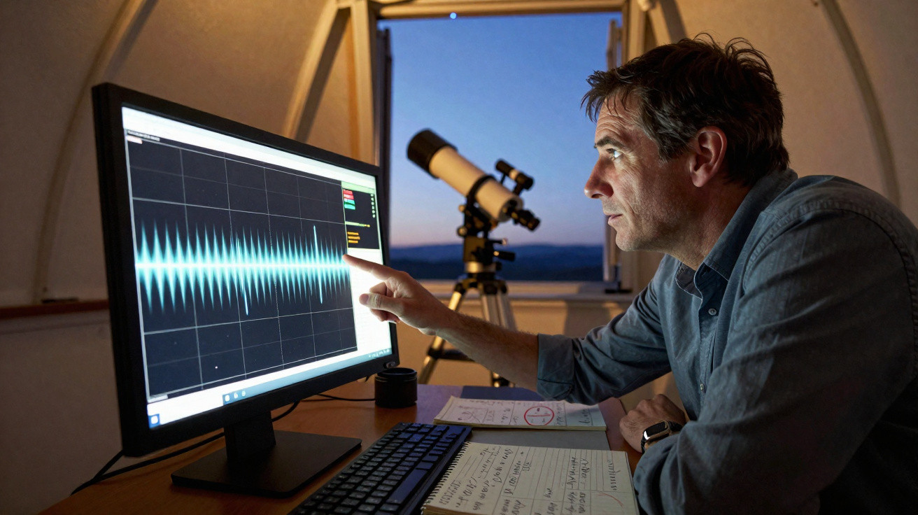 Homem analisando gráfico de ondas sonoras em computador com telescópio ao fundo ao entardecer.
