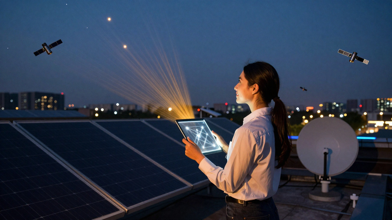Mulher usando tablet verifica sistema de painéis solares à noite com satélites visíveis no céu.