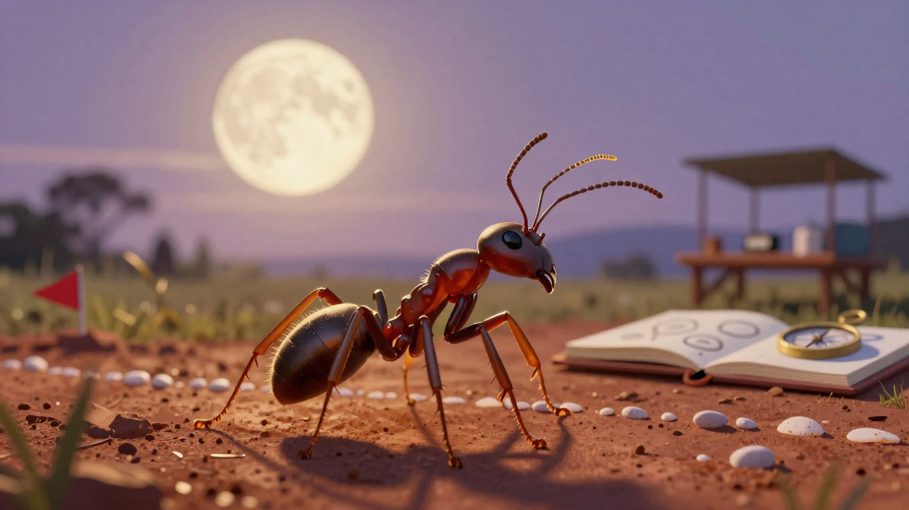 Formiga animada caminhando à noite com lua cheia, livro aberto e bússola no chão de terra.