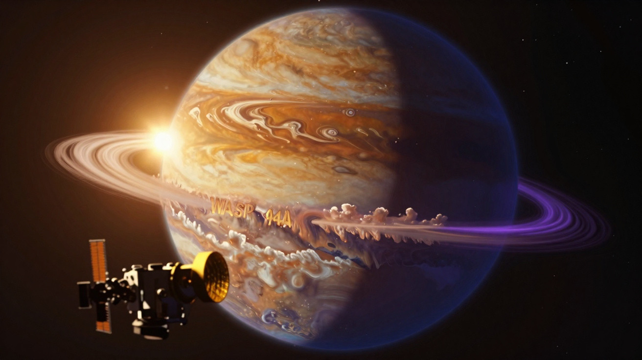 Planeta gigante gasoso com anéis roxos e uma espaçonave próxima no espaço escuro e estrelado.