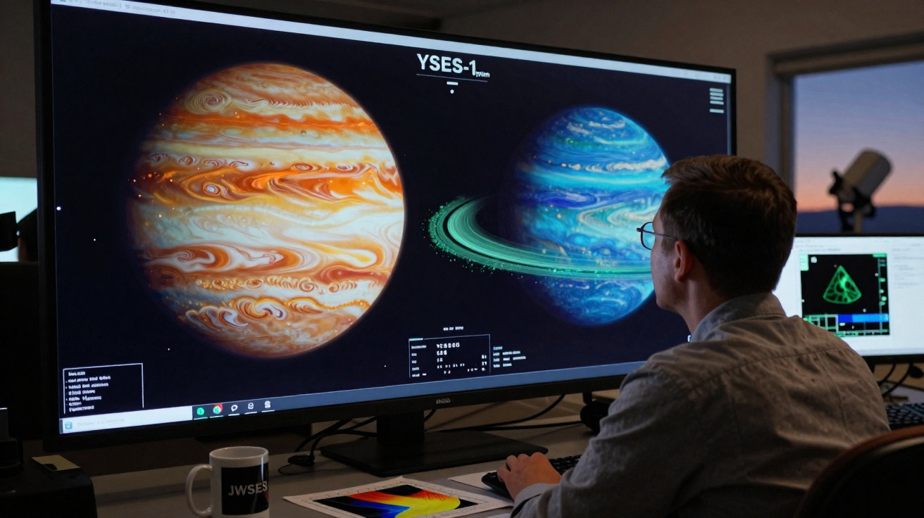 Pessoa observa em computador duas visualizações digitais de planetas coloridos com anéis no espaço.