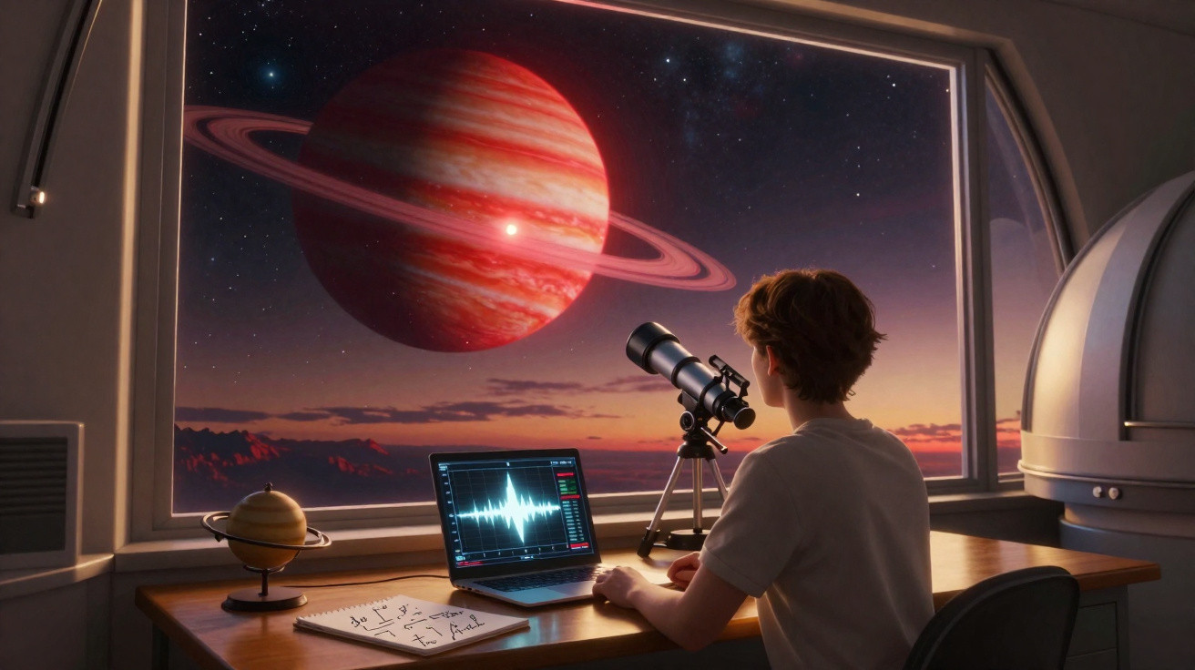 Jovem observa gigante gasoso com anéis por telescópio em observatório durante o entardecer.
