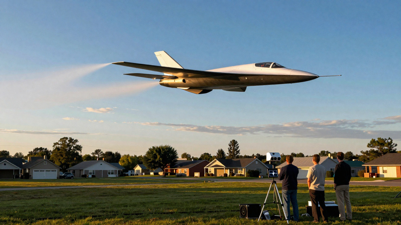 Caça aéreo voando baixo sobre campo enquanto três pessoas observam equipamentos em uma área residencial.