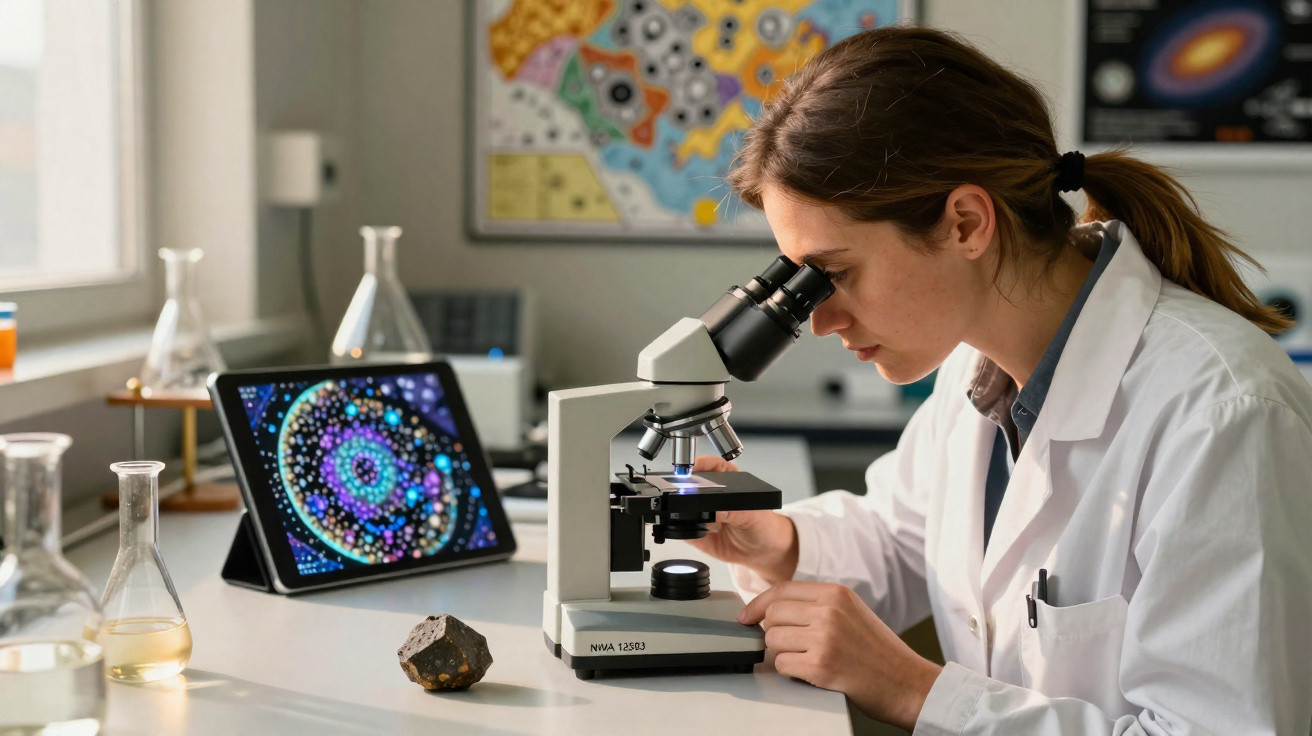 Mulher cientista usando jaleco observa amostra no microscópio em laboratório com tablet e frascos ao fundo.