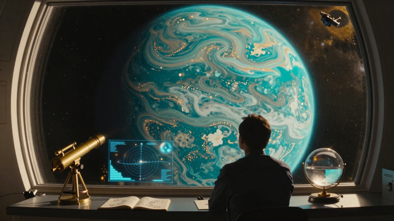 Pessoa observa planeta azul e branco através de grande janela com telescópio e globo na mesa próxima.