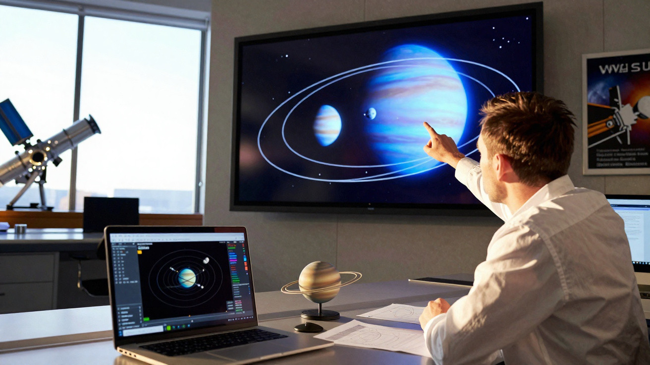 Homem apontando para tela com sistema solar, notebook e modelo planetário em escritório moderno.