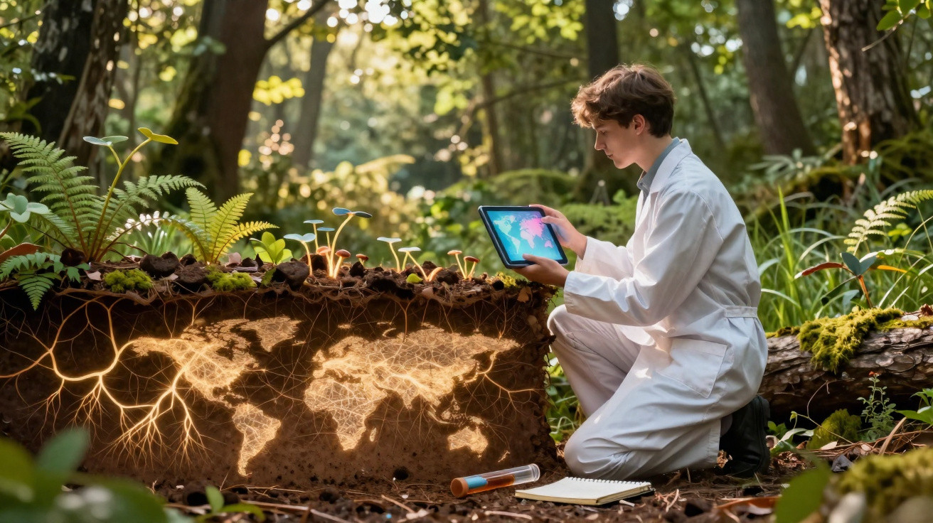 Jovem cientista em macacão branco analisa dados geográficos em tablet na floresta ao lado de mapa iluminado no solo.