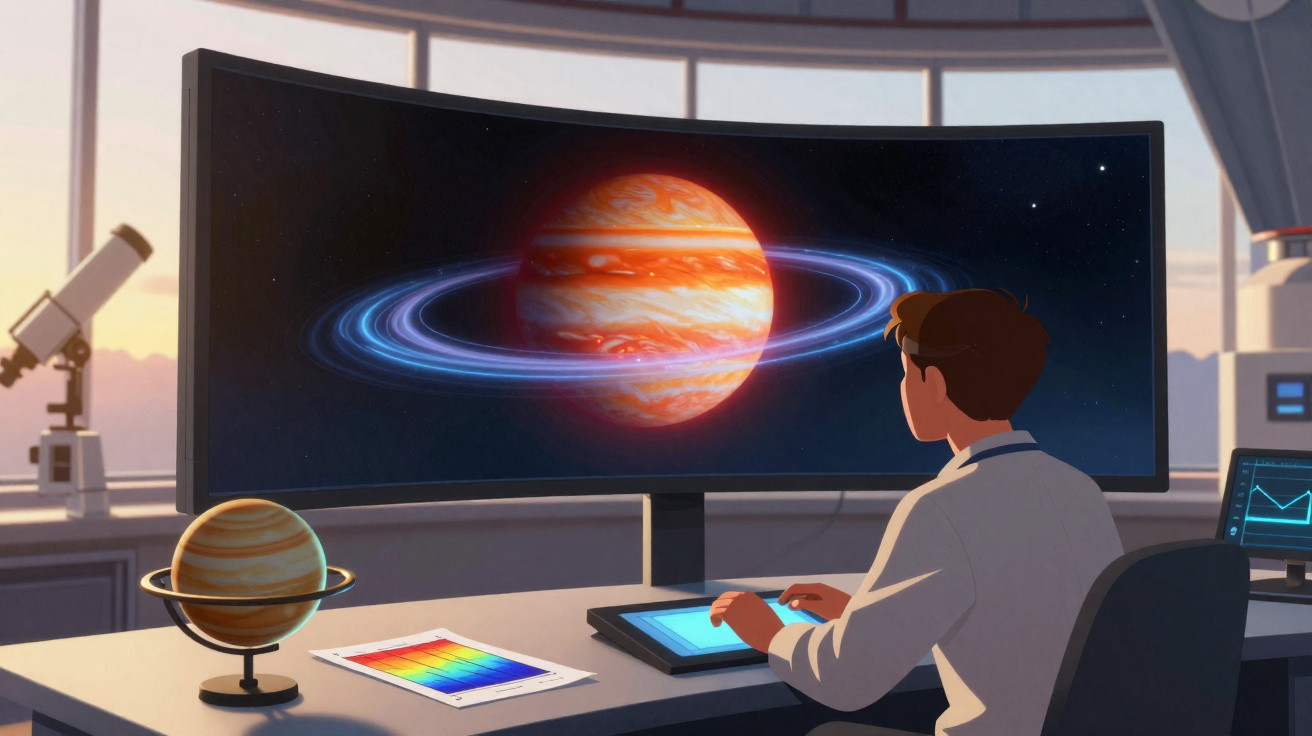 Pessoa em laboratório observando imagem digital de planeta com anéis em tela curva grande