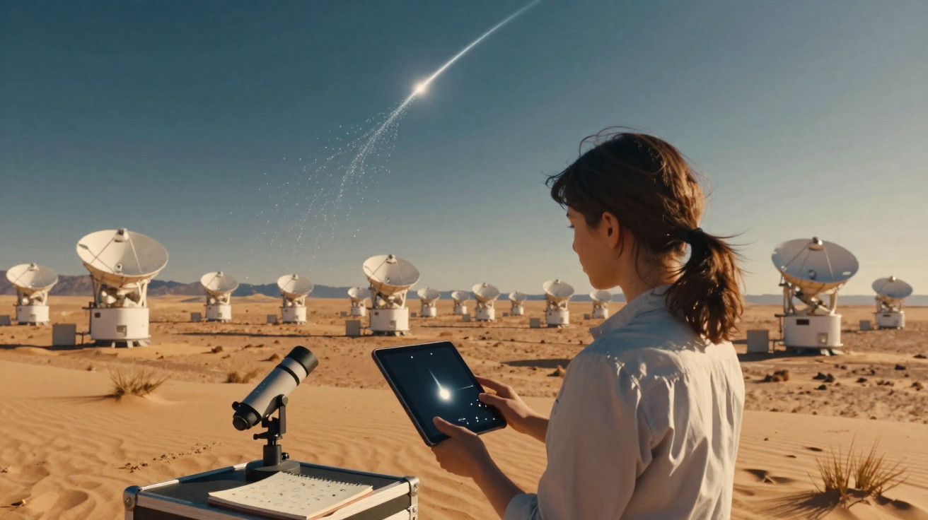 Mulher em deserto observa com tablet e telescópio enquanto meteoro risca o céu acima de antenas parabólicas.