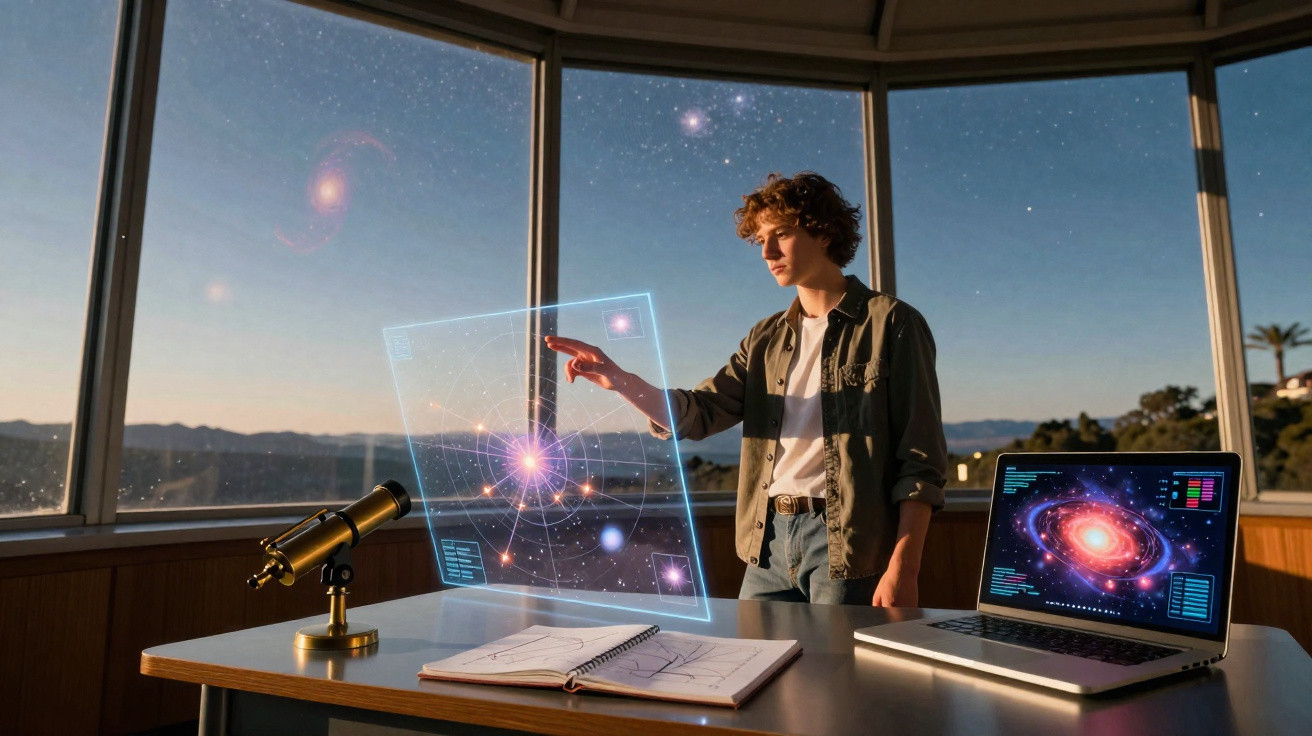 Jovem estudando galáxias com telescópio, holograma espacial e notebook em sala com janelas panorâmicas.