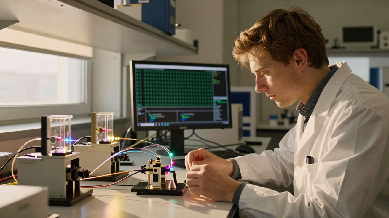 Jovem cientista em jaleco trabalha com equipamentos de laboratório e computador com códigos na tela.