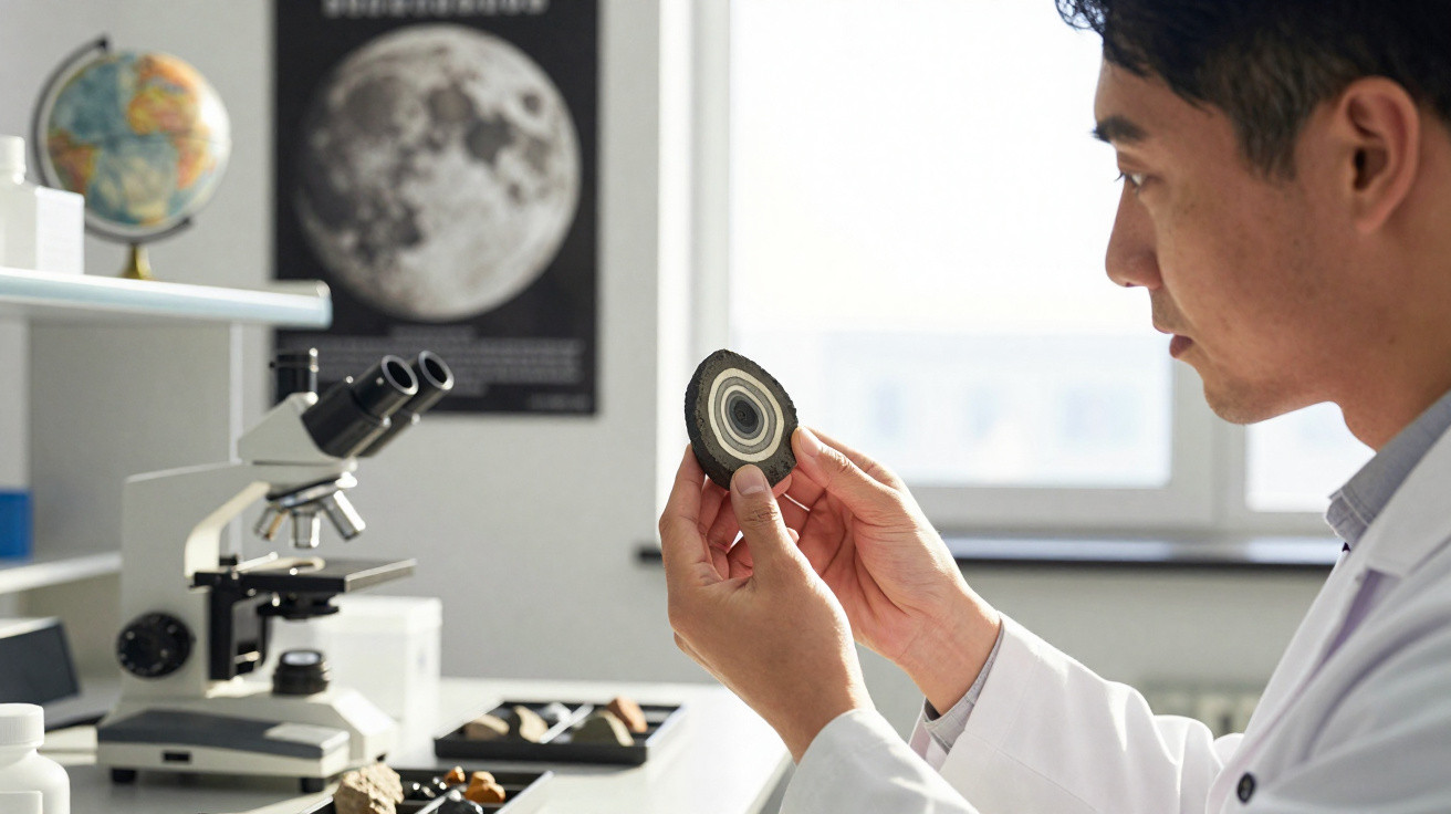 Homem em jaleco branco analisa fatia de rocha em laboratório com microscópio e globo terrestre ao fundo.