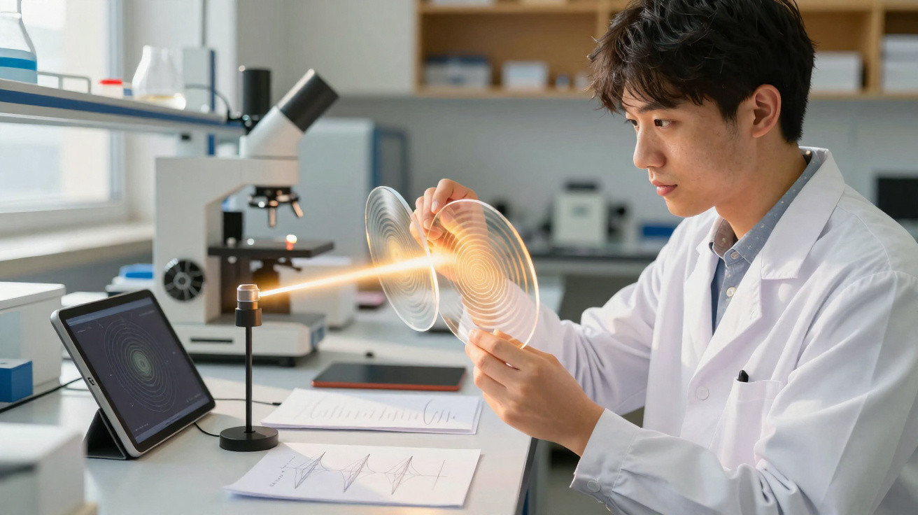 Cientista em laboratório analisando ondas de luz projetadas entre discos transparentes.