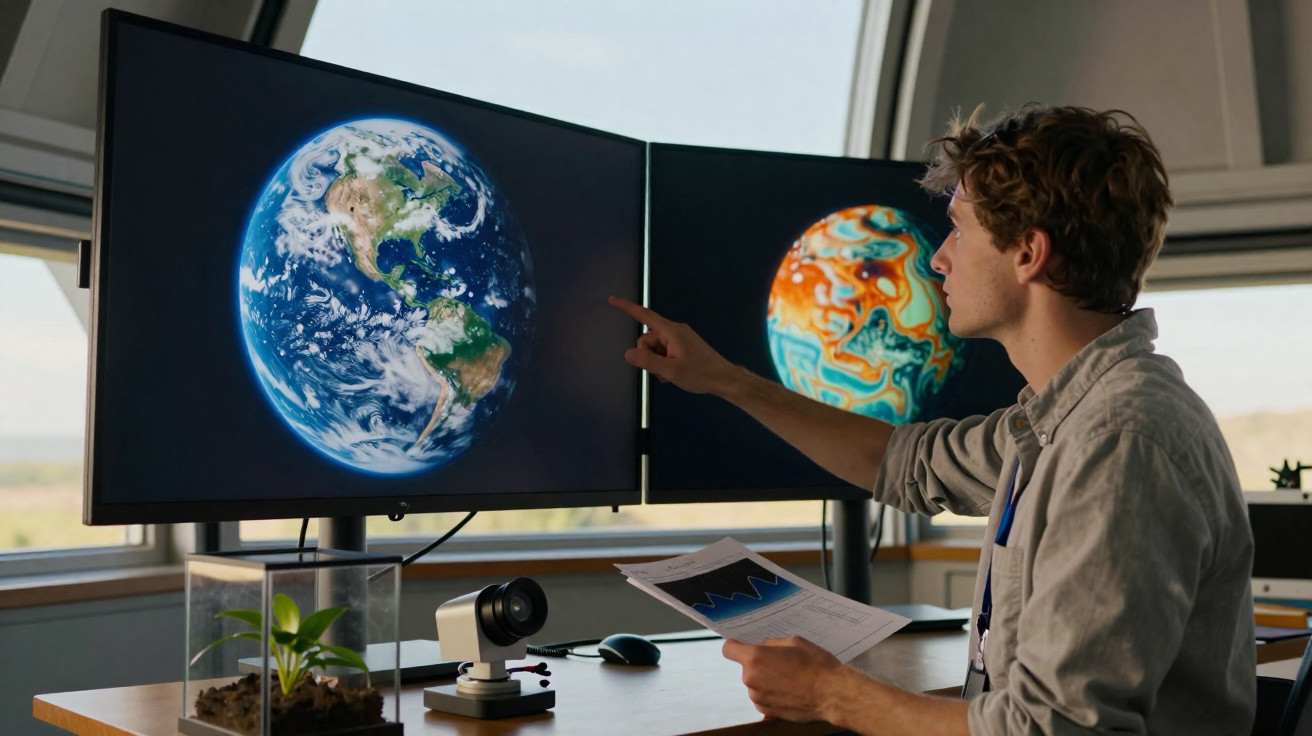 Jovem analisando imagens da Terra em dois monitores em ambiente de trabalho com planta e documentos.