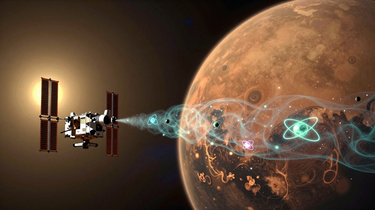 Sonda espacial próxima a um planeta vermelho com átomos e partículas energéticas entre eles no espaço.