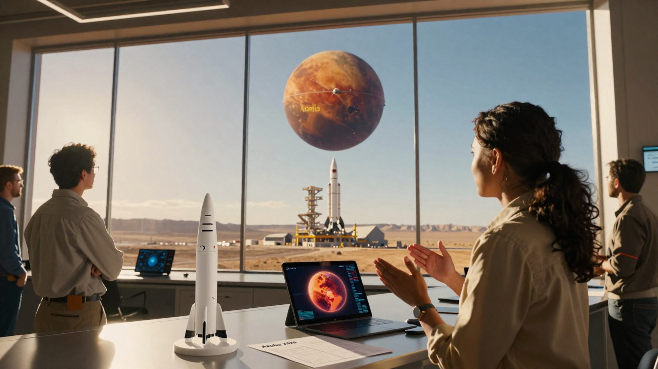 Pessoas observando maquete de foguete e projeção holográfica de Marte em laboratório com vista para plataforma de lançamento.