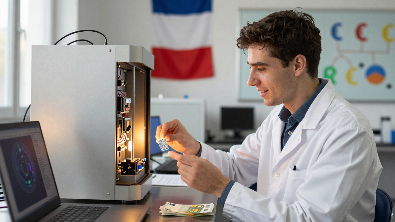 Homem em jaleco branco operando impressora 3D e segurando peça eletrônica em laboratório.