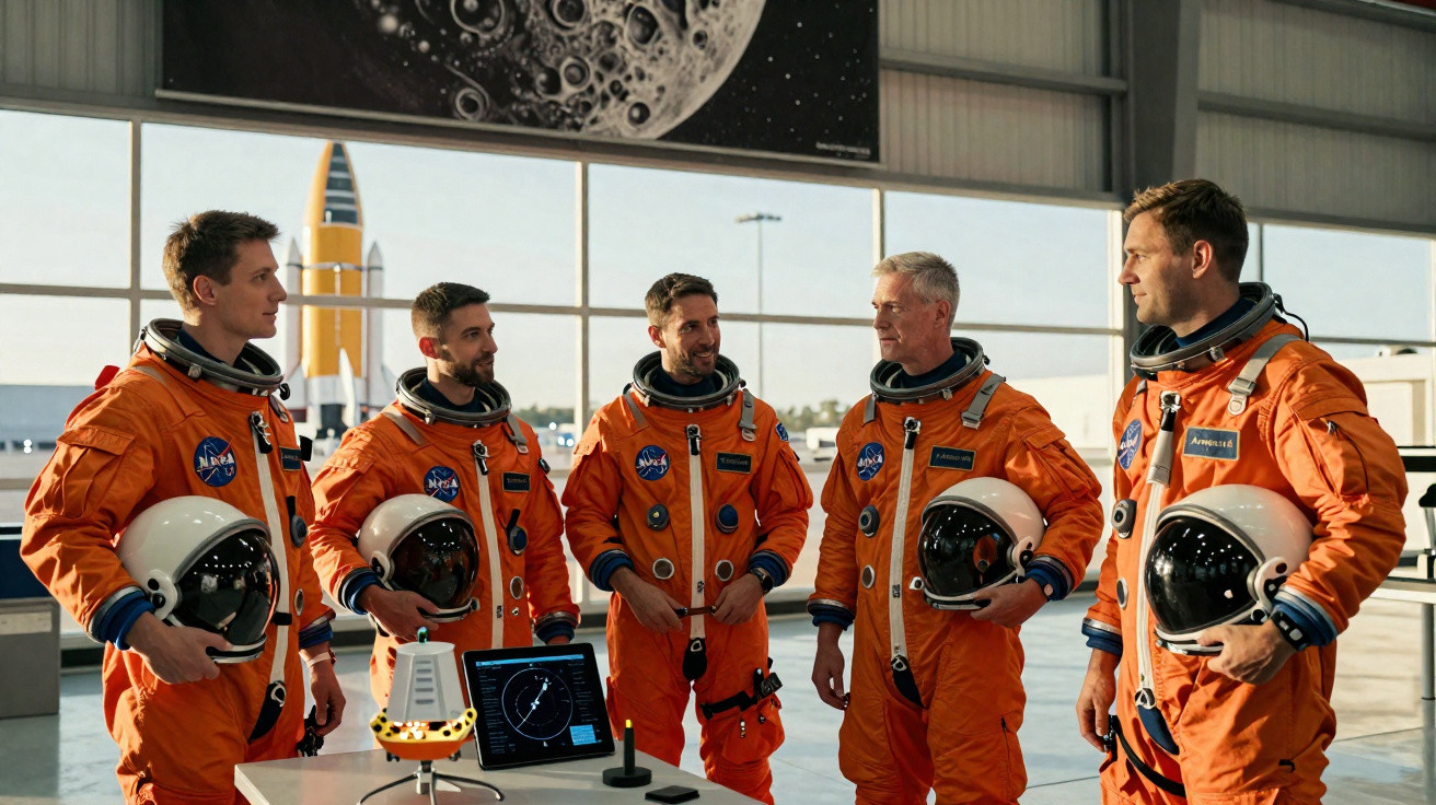 Cinco astronautas com trajes laranja da NASA conversam em hangar com foguete e painel da lua ao fundo.
