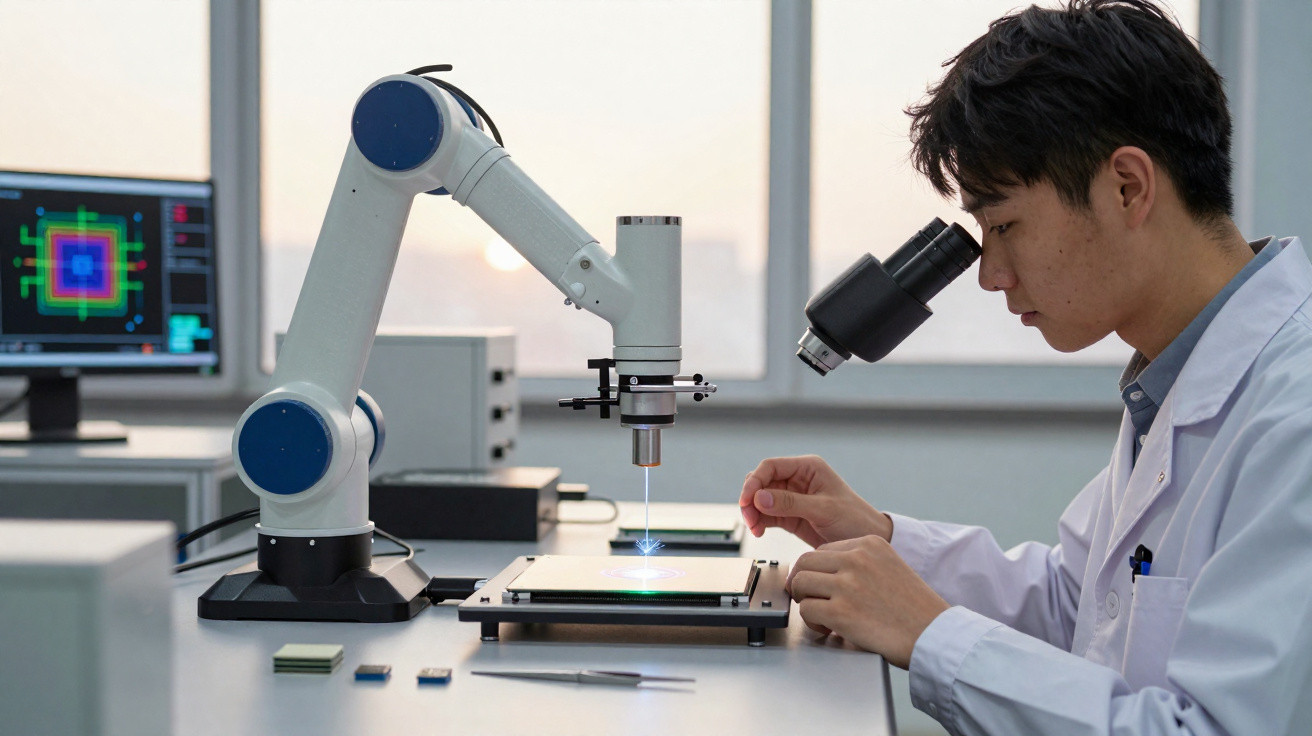 Pesquisador usando microscópio com braço robótico em laboratório tecnológico moderno.