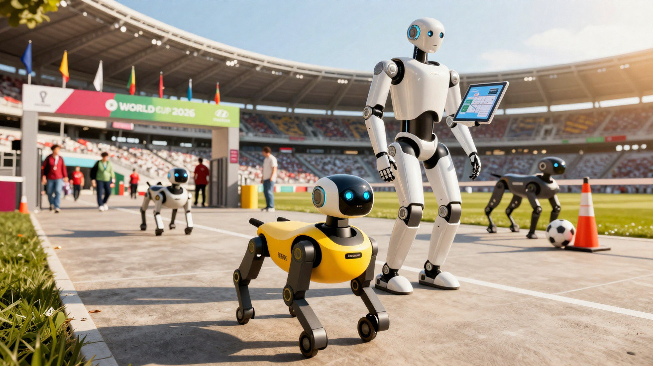 Robôs humanoide e caninos em campo esportivo com torcedores ao fundo em estádio moderno.