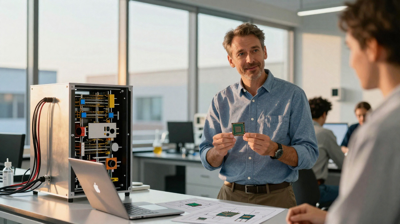 Homem mostra chip de computador em laboratório tecnológico para outra pessoa.