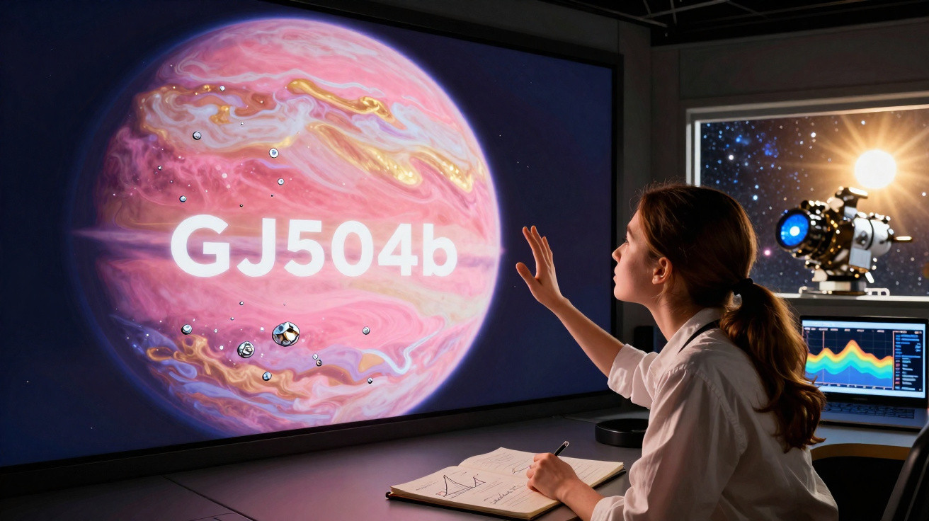 Mulher observando uma imagem digital do planeta GJ504b em uma tela grande com anotações em mesa.