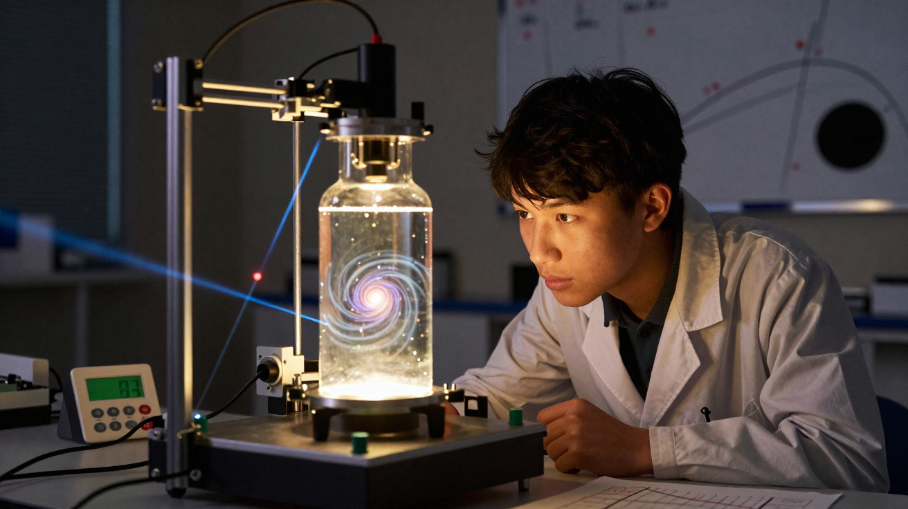 Jovem cientista observa experimento com frasco iluminado e projeção de galáxia em laboratório.