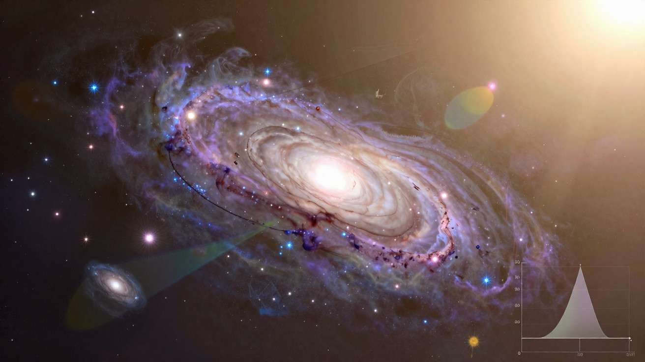 Imagem digital de uma galáxia espiral com luzes coloridas e estrelas ao redor no espaço sideral.