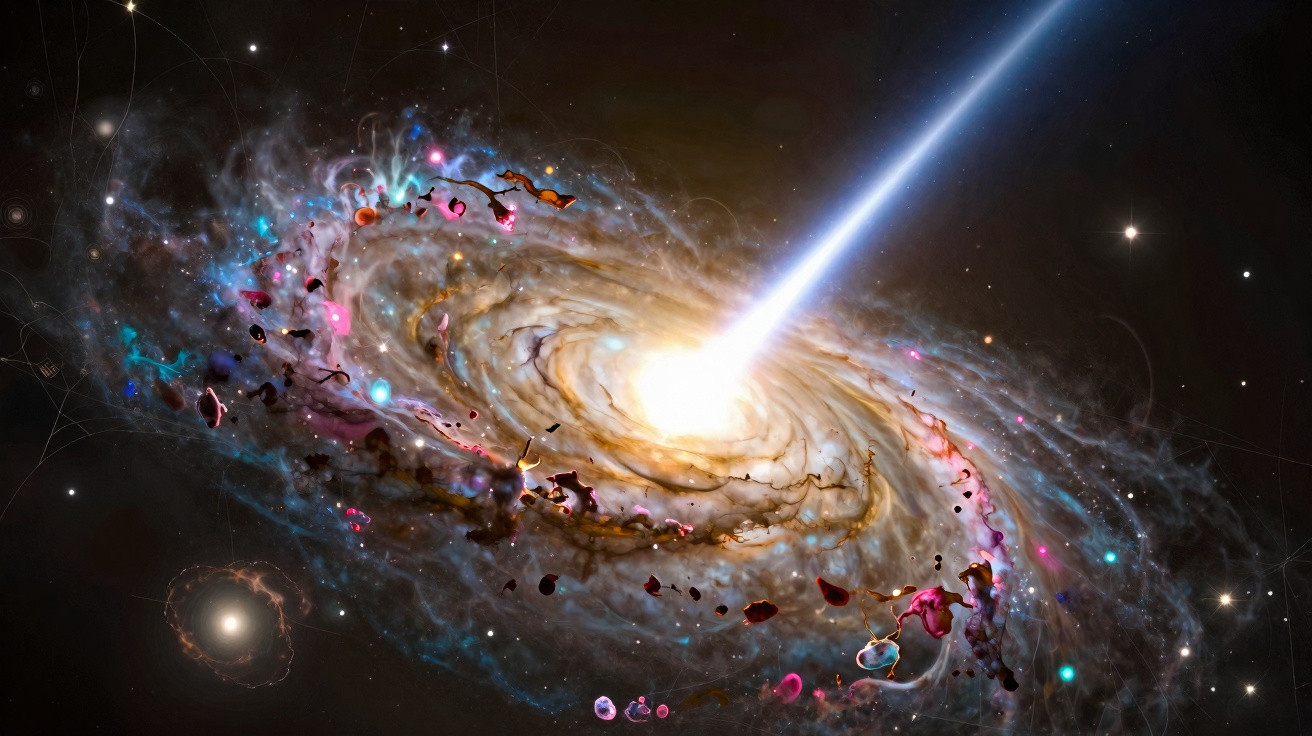Imagem artística de um quasar brilhante emitindo jato energético no centro de uma galáxia espiral colorida.