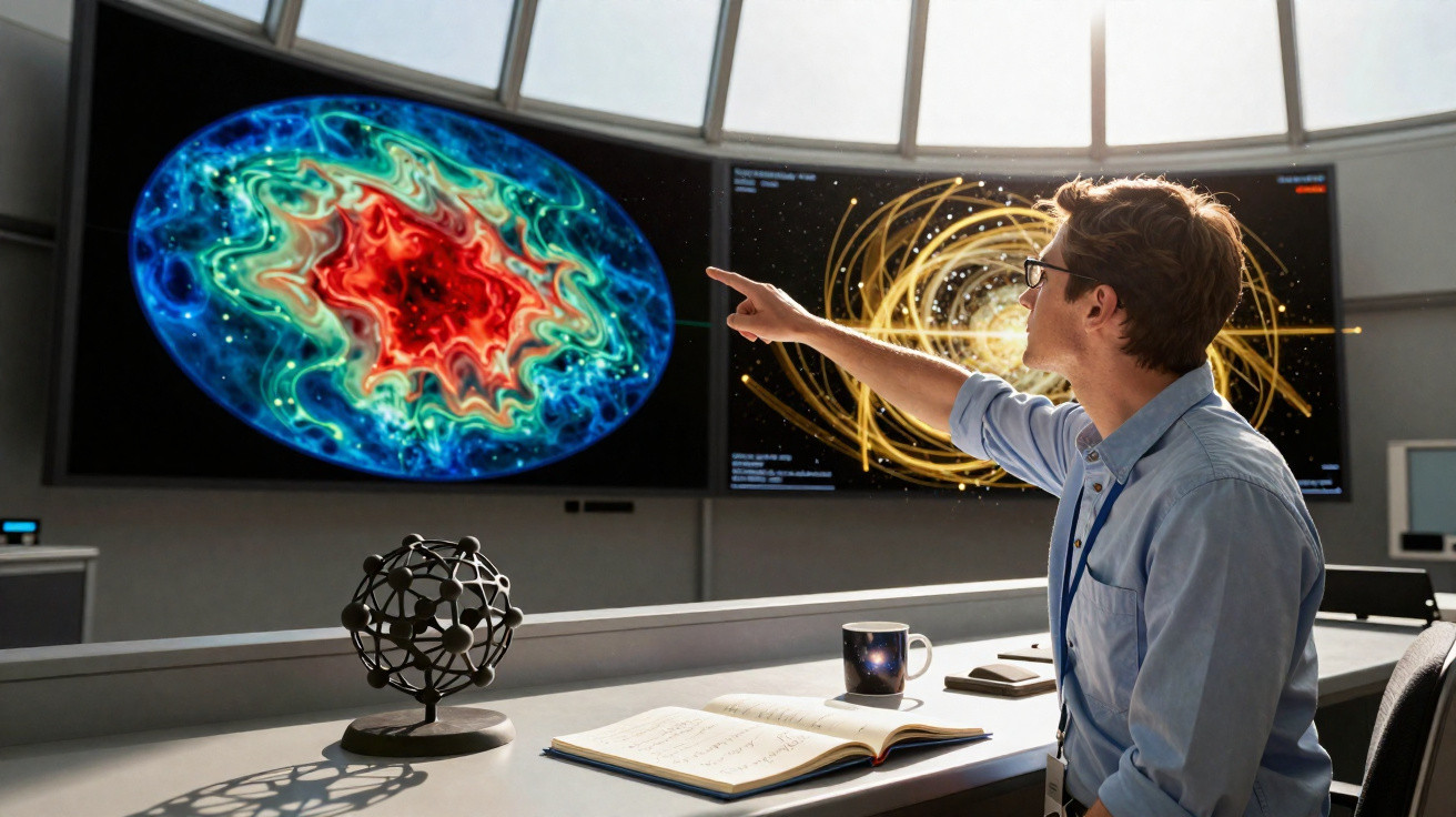 Homem em laboratório observando e apontando para visuais coloridos de simulações científicas em telas grandes.