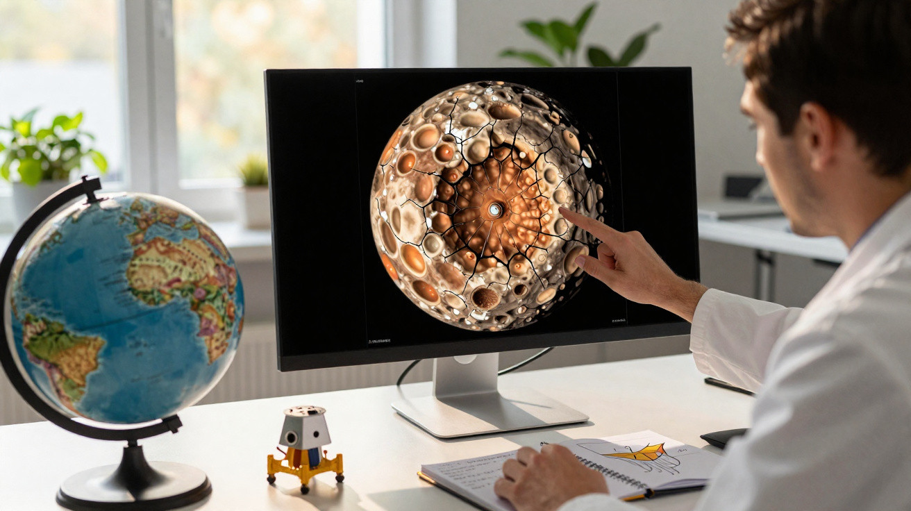Homem apontando para modelo 3D complexa de planeta na tela, com globo terrestre e miniatura de nave espacial na mesa.