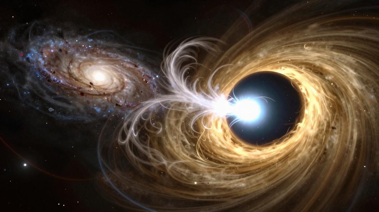 Buraco negro com discos de acréscimo brilhantes e galáxia espiral ao fundo no espaço sideral.