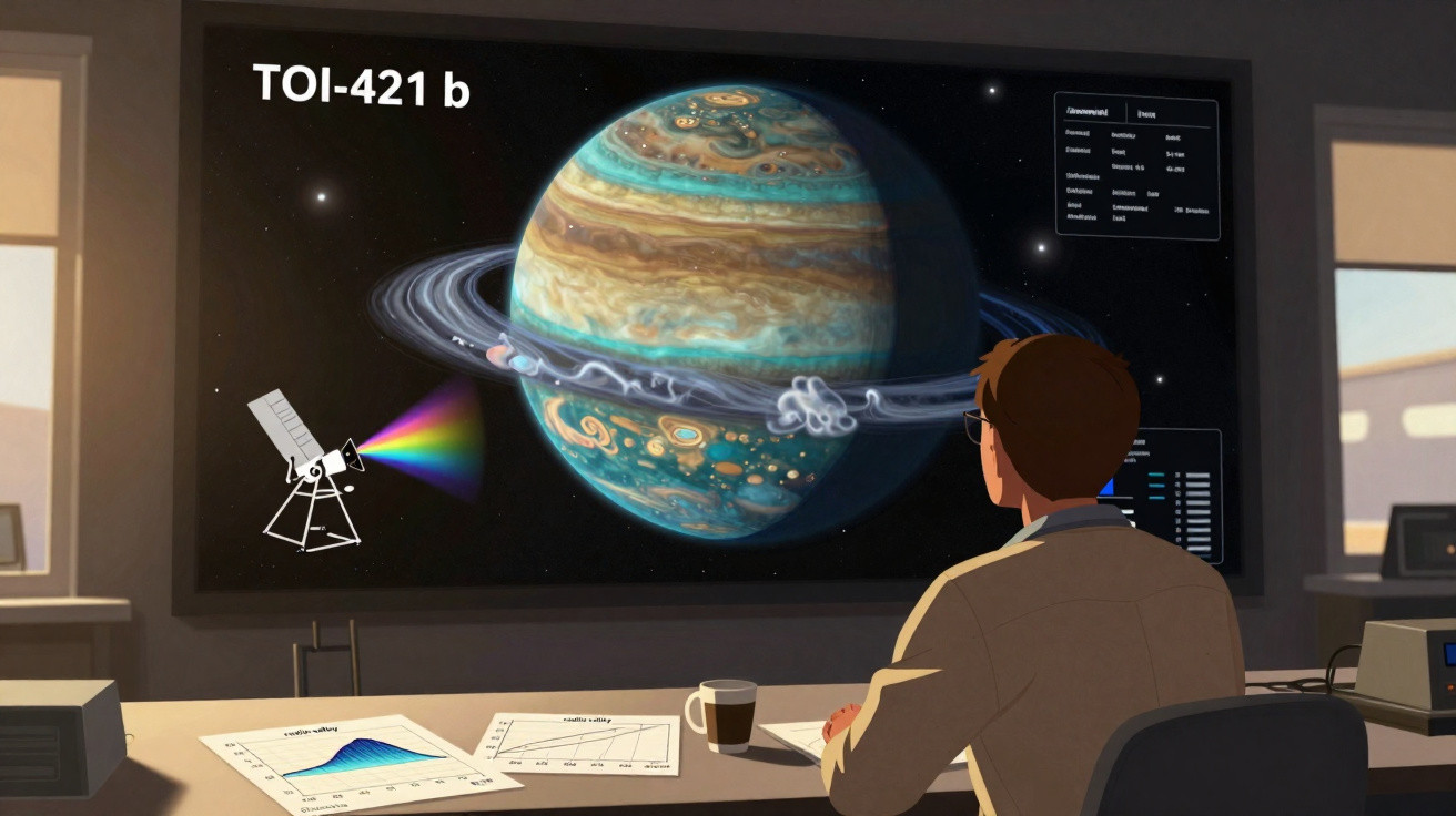 Pessoa observa tela com planeta TOI-421 b e dados científicos em sala iluminada.