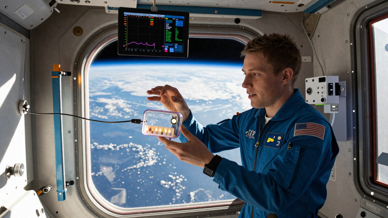 Astronauta dentro da estação espacial com Terra ao fundo, segurando equipamento transparente iluminado.